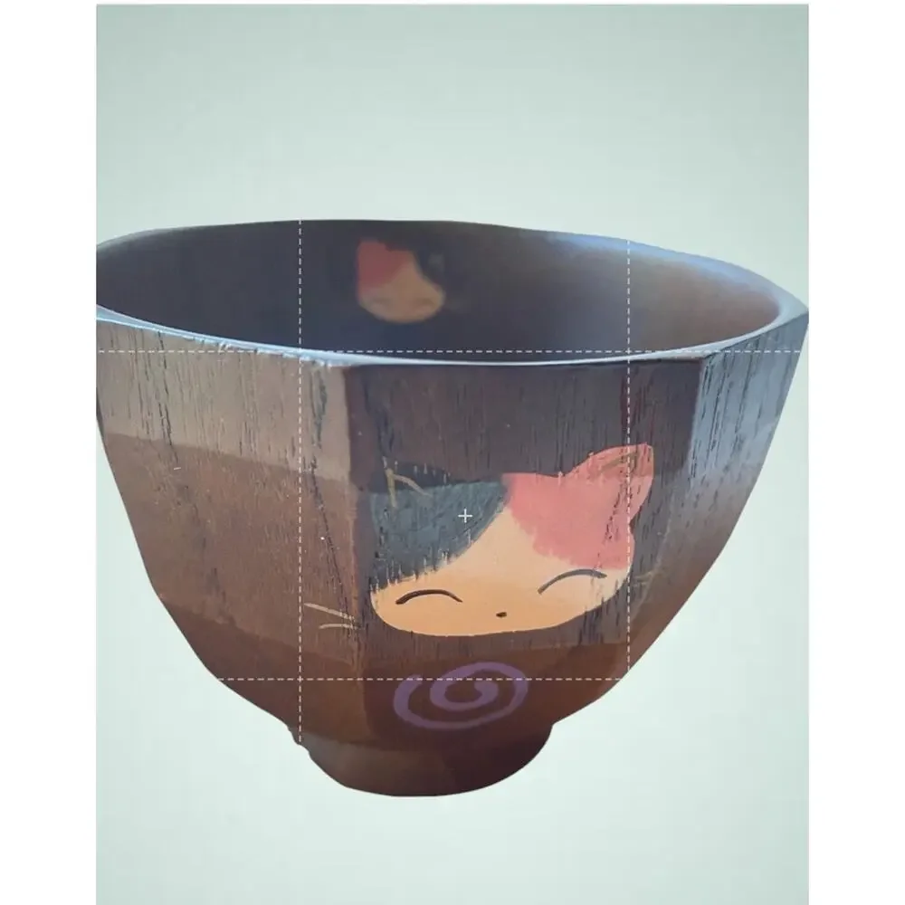 Acacia Wood Footed Rice Soup 4 Bowls Owl And Cat Graphics W/2 Small Spoons